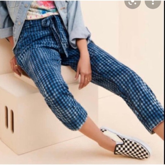 Maeve| Anthropologie Avryl Bleached Slim Pant High Waist Belt Blue Plaid Size 4 - Picture 2 of 8